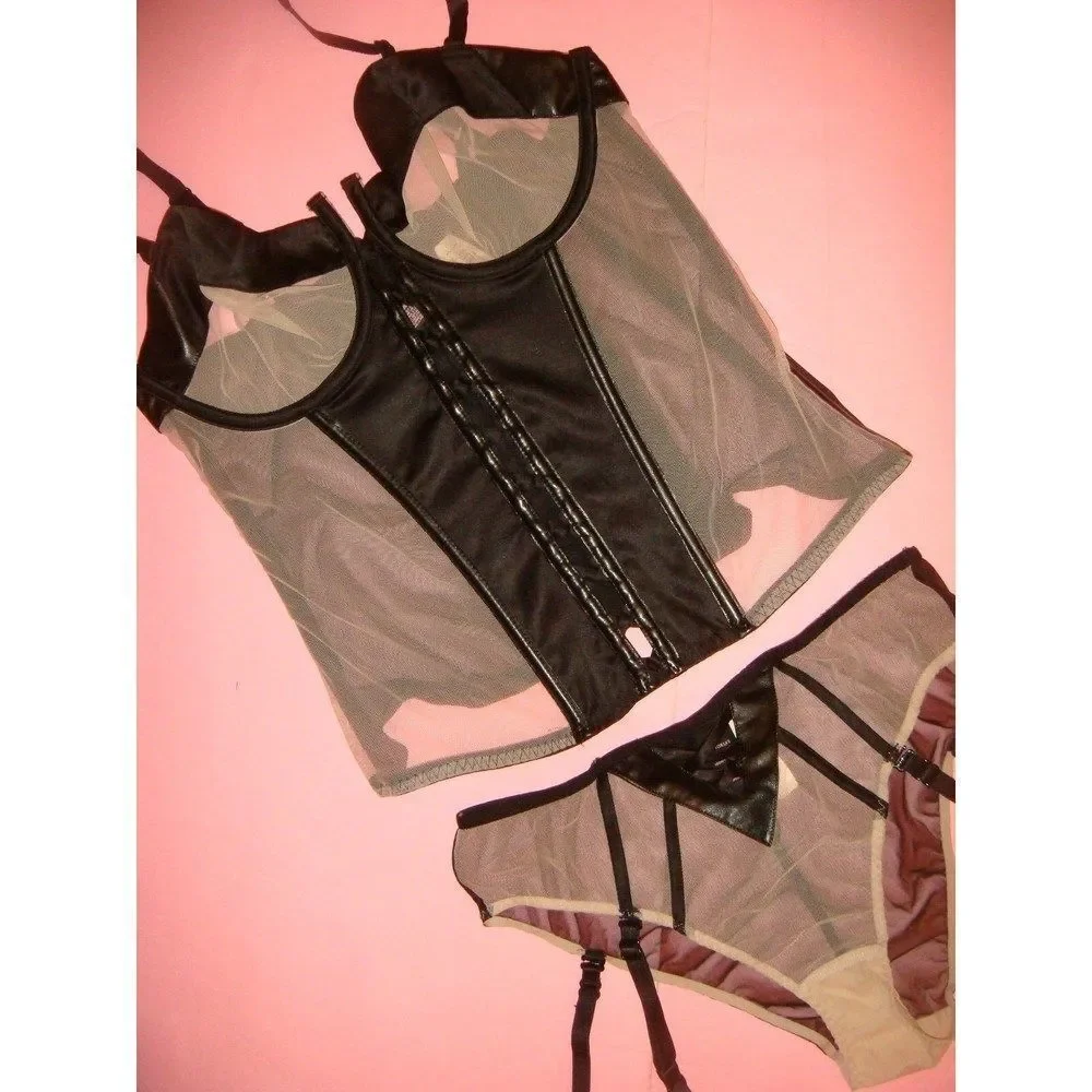 Victoria's Secret unlined 34B BRA SET+CORSET+GARTER panty NUDE Beige Black satin